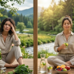 A split-screen image comparing two states of health. On the left side, a tired and stressed woman sits uncomfortably surrounded by junk food, supplements, and spilled drinks, looking exhausted. On the right side, the same woman looks calm, vibrant, and rejuvenated, meditating in a serene outdoor setting with fresh fruits, water with lemon, green vegetables, and a yoga mat.