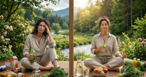 A split-screen image comparing two states of health. On the left side, a tired and stressed woman sits uncomfortably surrounded by junk food, supplements, and spilled drinks, looking exhausted. On the right side, the same woman looks calm, vibrant, and rejuvenated, meditating in a serene outdoor setting with fresh fruits, water with lemon, green vegetables, and a yoga mat.