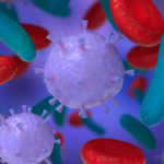 3D rendering of microscopic organisms floating in a space with a purple gradient. In the center is a light purple spherical virus with funnel-like surface projections, surrounded by teal pill-shaped bacteria and bright red disc-shaped blood cells, with additional blurred microscopic structures in the background.