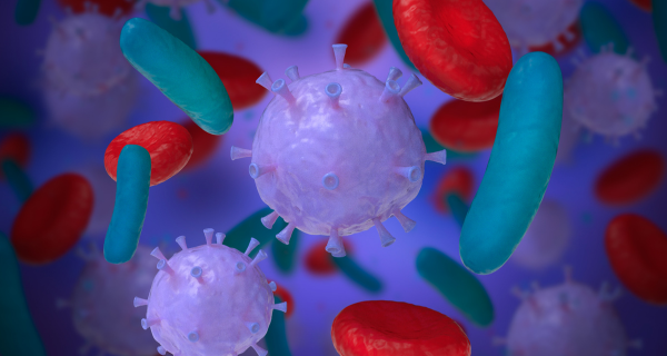 3D rendering of microscopic organisms floating in a space with a purple gradient. In the center is a light purple spherical virus with funnel-like surface projections, surrounded by teal pill-shaped bacteria and bright red disc-shaped blood cells, with additional blurred microscopic structures in the background.